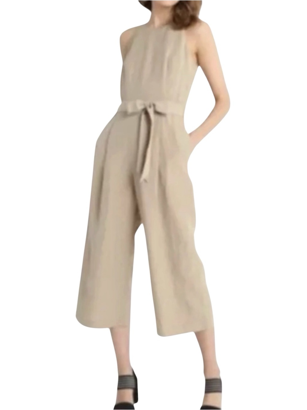 BANANA REPUBLIC Sleeveless Tie-Waist Wide-Leg Cropped Jumpsuit in Beige Size 2